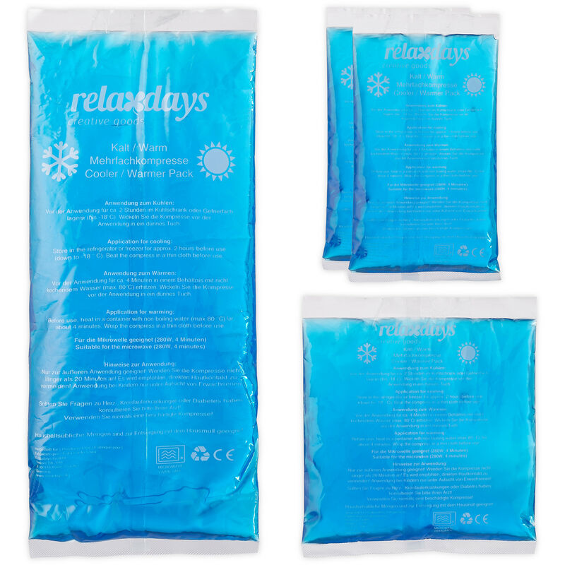 Compresses avec gel thermique en lot de 4, premiers secours, 3 tailles, chaud-froid, sport, muscles, bleu - Relaxdays