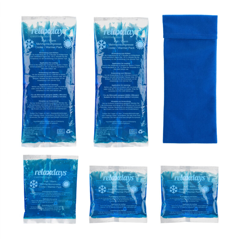 Poche de gel, en lot pratique de 5, compresse chaud/froid, convient au micro-ondes, 3 formats, bleue - Relaxdays