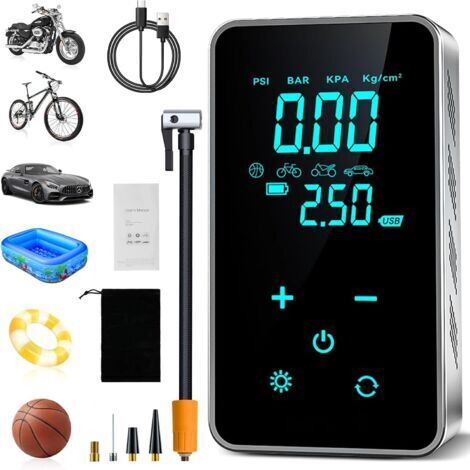 Compresseur à Air Portatif, 150PSI Gonfleur Electrique Pneus, Pompe a Velo Electrique, Compresseur d'air Électrique de Pompe à Air Sans Fil avec Écran Tactile/Éclairage pour Moto Vélo Auto
