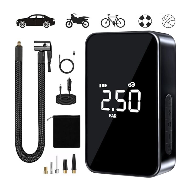 Compresseur à Air Portatif, 6000mAh Mini Gonfleur Electrique, 150PSI Pompe Vélo Electrique, Compresseur avec Affichage Numérique Lumière LED et Port