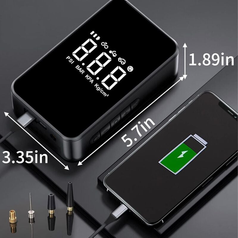 Compresseur à Air Portatif, 6000mAh Mini Gonfleur Electrique, 150PSI Pompe Vélo Electrique, Compresseur avec Affichage Numérique Lumière LED et Port