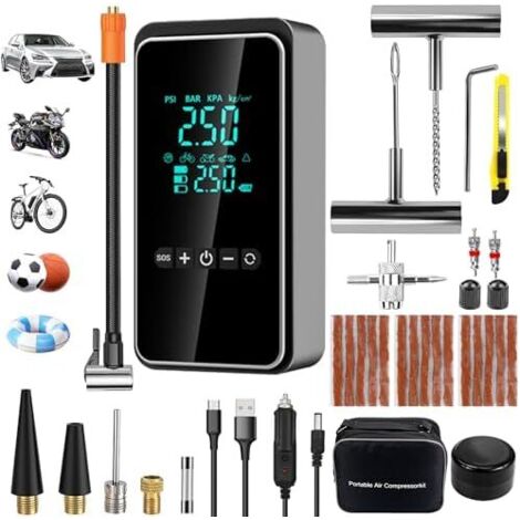 Compresseur à Air Portatif, Gonfleur Pneus Voiture avec 25pcs Kit de Réparation Pneus, sans Fil, Mini Pompe Electrique pour Voiture, Moto, Vélo,Balle - XL