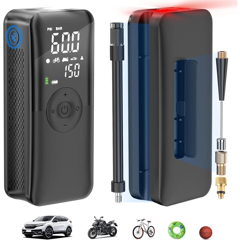 Compresseur à Air Portatif Velo,Gonfleur Pneus Velo,Mini Compresseur Pompe Electrique(7.4V,Arrêt Automatique,0.2-10.3