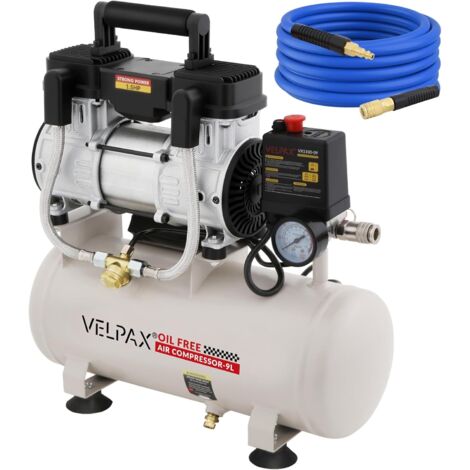 compresseur à air Silencieux Sans Huile 9L, 1100W/1.5HP, Pression Max 8 Bar, avec Tuyau d'Air de 10m, pour Réparation Automobile, Gonflage Pneus, Peinture et Menuiserie