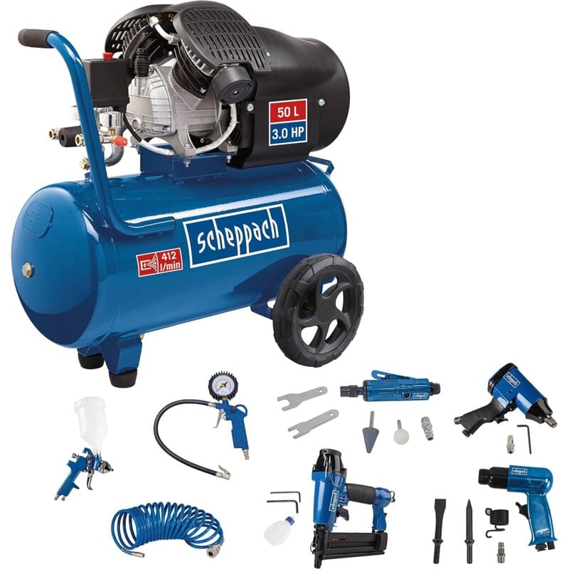 Compresseur bicylindre HC55DC - 50L -Lubrifié - 10bar - 2200W / 3PS - 412L/min de débit d'aspiration - + Set d'accessoires pneumatiques (cloueuse,