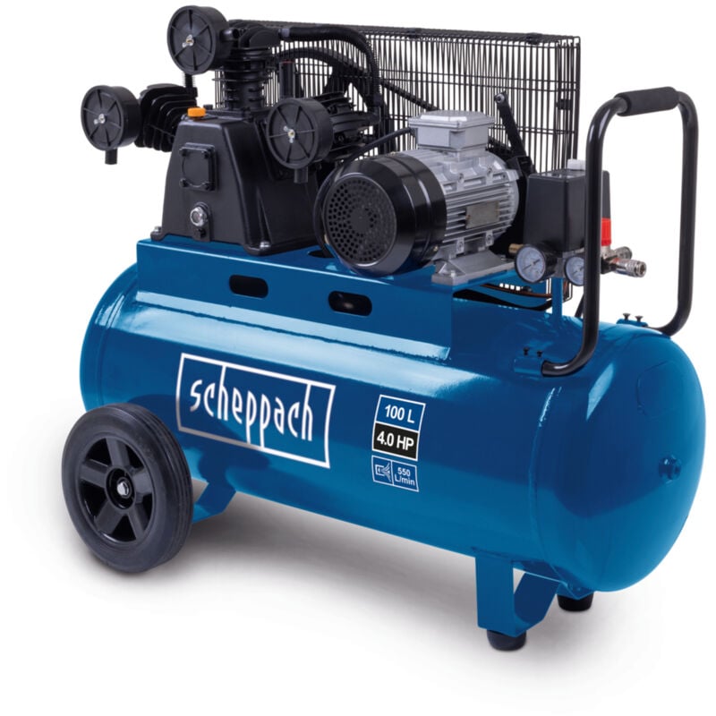 Scheppach Compresseur à air HC550TC – 400 V – 3000 W / 3 PS – Tri-cylindres – Cuve 100 L – 10 bar – Entraînement par courroie – Puissance