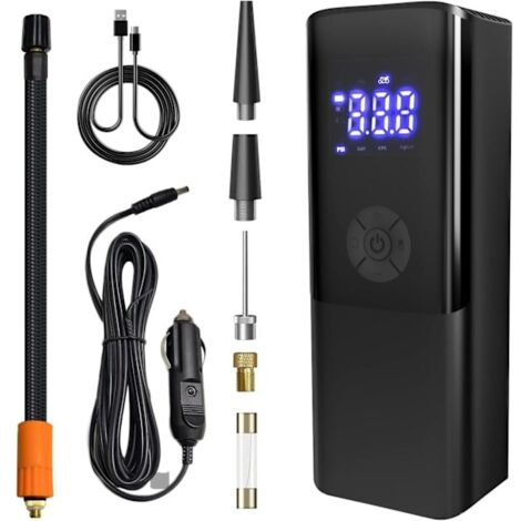 Compresseur d'air à batterie pour pneus 150 PSI Pompe à air à arrêt automatique avec voyant LED Manomètre numérique pour des lectures de pression précises Noir