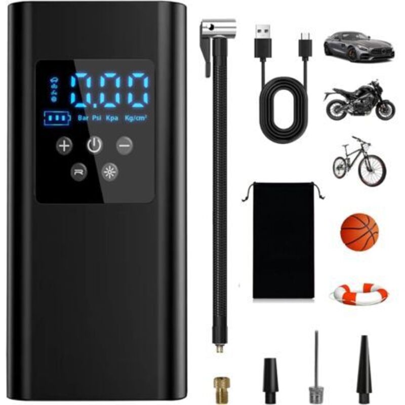 Compresseur d'air portable 150PSI - Pompe à pneu 6000mAh avec 4 embouts, lampe de poche LED et capteur de pression, pour voitures, motos, vélos et