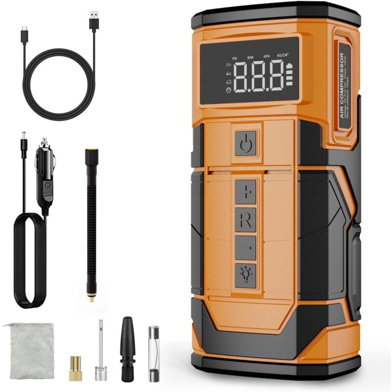 Compresseur d'air portable pour pneus de voiture, manomètre numérique, lumières LED, préréglage et arrêt automatique, pompe à air 12 V DC max 150 PSI