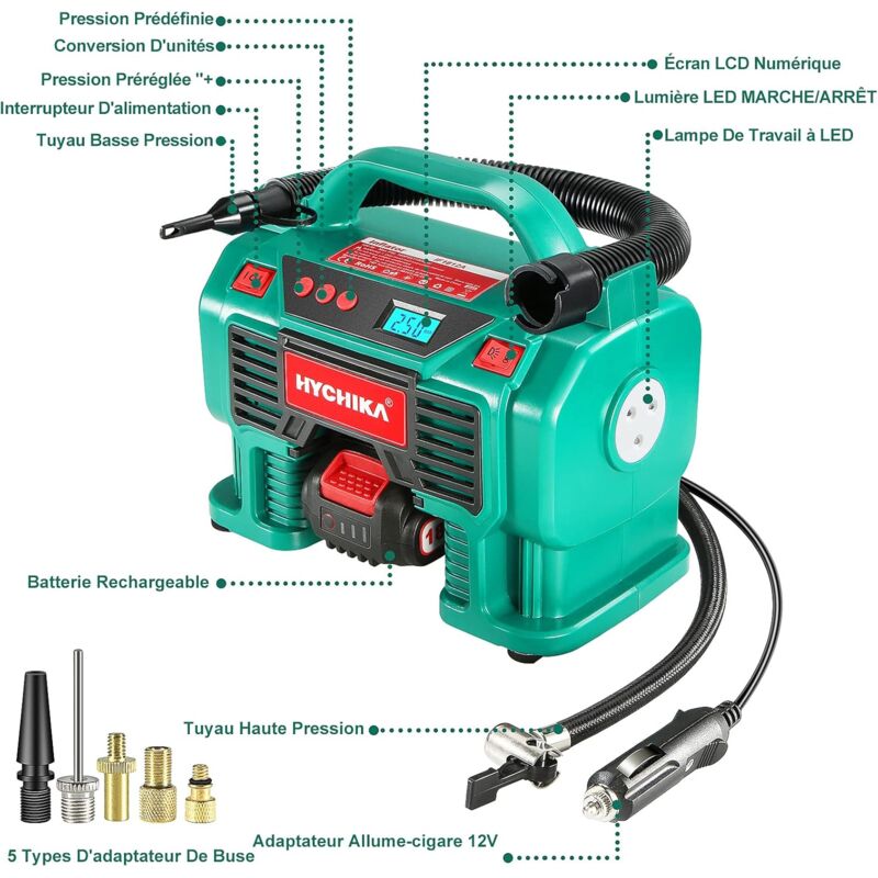 Hychika - Compresseur d'air Portatif 18V, Electrique Gonfleur Pneus Voiture, Alimenté par 2A Batterie/Allume Cigare, Affichage Numérique de la
