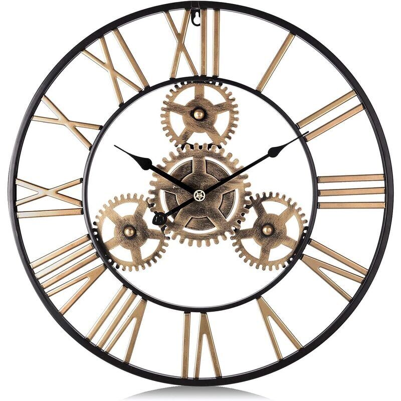 KZQ - Horloge Murale Engrenages Or Geante Métal Industrielle 50cm Pendule Murale Quartz Chiffres Romains Silencieuse pour Salon Bar Restaurant