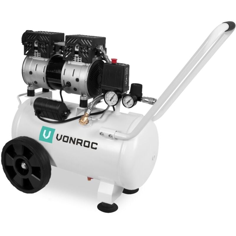Pro Compresseur d'air silencieux - 750W – 1HP- 128 l/min - Réservoir 24L - 8 bars - 57,5dB(A) - Sans huile - Silencieux - Peu bruyant - Blanc - Vonroc