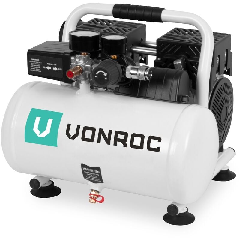 VONROC PRO Compresseur d'air silencieux - 750W – 1HP- 128 l/min. - Sans huile - Réservoir 6L - 8 bar - 57,5dB(A)-Blanc
