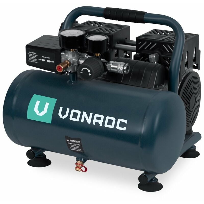 Vonroc - pro Compresseur d'air silencieux - 750W – 1HP- 128 l/min. - Sans huile - Réservoir 6L - 8 bar - 57,5dB(A) - Silencieux - Peu bruyant - Gris