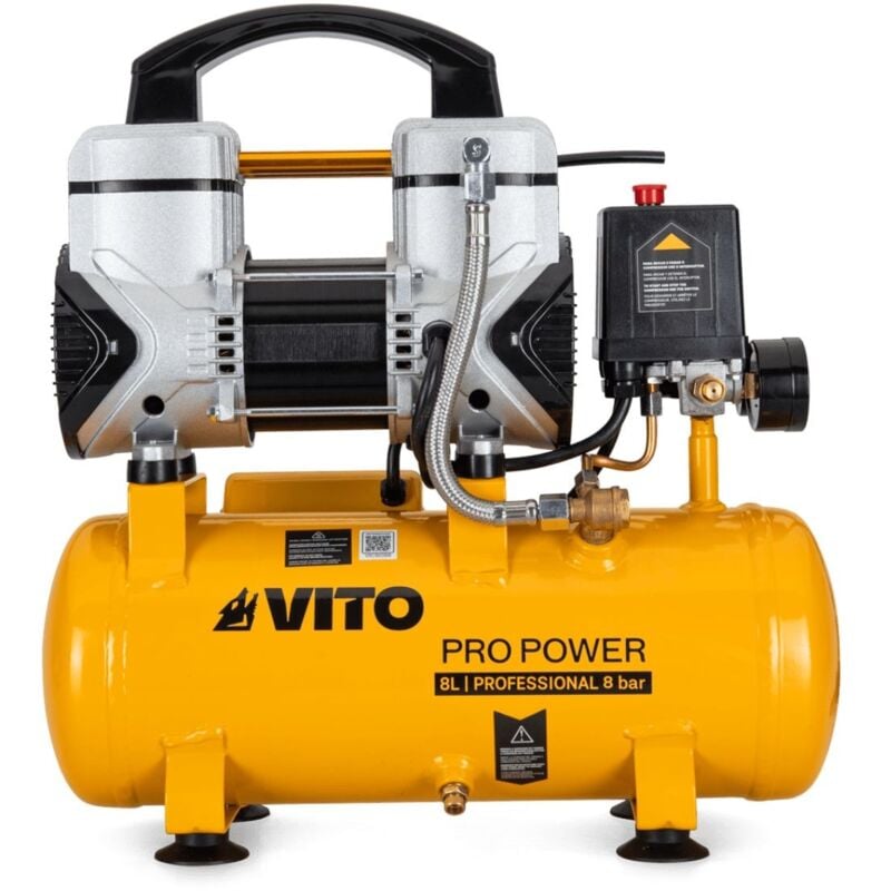 Compresseur d'Air Silencieux 8L Sans Huile 8 bar 1,5 cv / 1,1 kW Gonfleur Electrique Portatif Voiture Vito