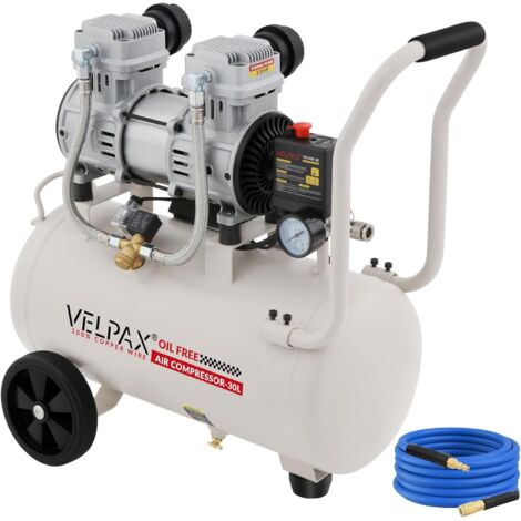 Compresseur d'Air Silencieux Sans Huile 30L 1600W/2.15HP Pression Max 8 Bar, avec Roulettes et Tuyau d'Air de 10m, pour Réparation Automobile, Gonflage Pneus, Peinture et Menuiserie