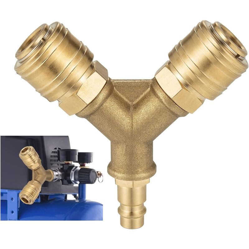 Compresseur de Tuyau d'Air, Raccord Air Comprimé à 2 Voies avec 2 Raccords, Raccord Air Comprimé 1/4 Connecteur de Tuyau Fileté, Distributeur d'Air