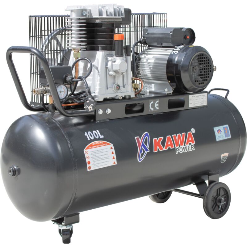 Kawapower - Compresseur à entraînement par courroie, 2200W, 8 bar, capacité 100L, moteur électrique