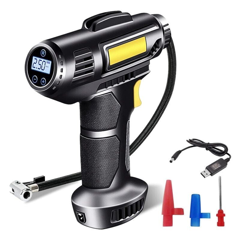 SNQ - Compresseur Pneus Voiture Numérique Portable , 2000 mAh, batterie rechargeable usb, 150 psi, Avec led et buses pour voitures, gonfleur pneu,