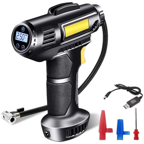 Compresseur Pneus Voiture Numérique Portable , 2000 mAh, batterie rechargeable USB, 150 psi, Avec LED et buses pour voitures, gonfleur pneu, motos, vélos，OUYLAF