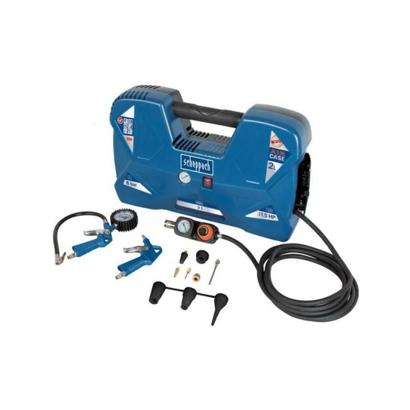 Compresseur portatif Scheppach air case - 2L- 1100 w - 8 bars ( Livré avec 12 accessoires, une soufflette, une poignée de gonf
