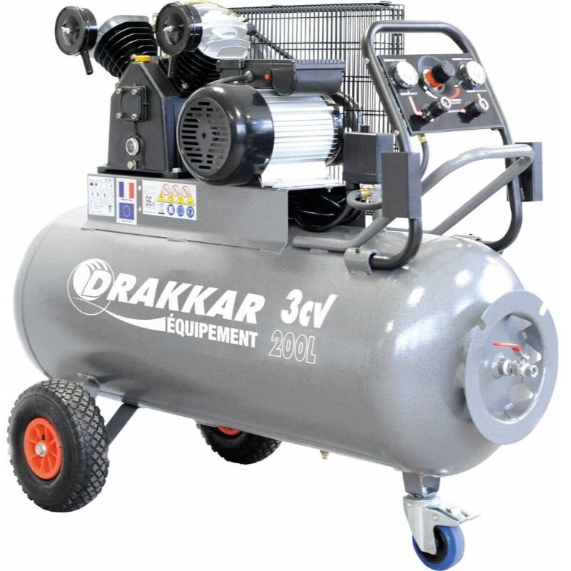 Drakkar Equipement - Compresseur professionnel en v sur roue 200 litres 230 Volts S11274