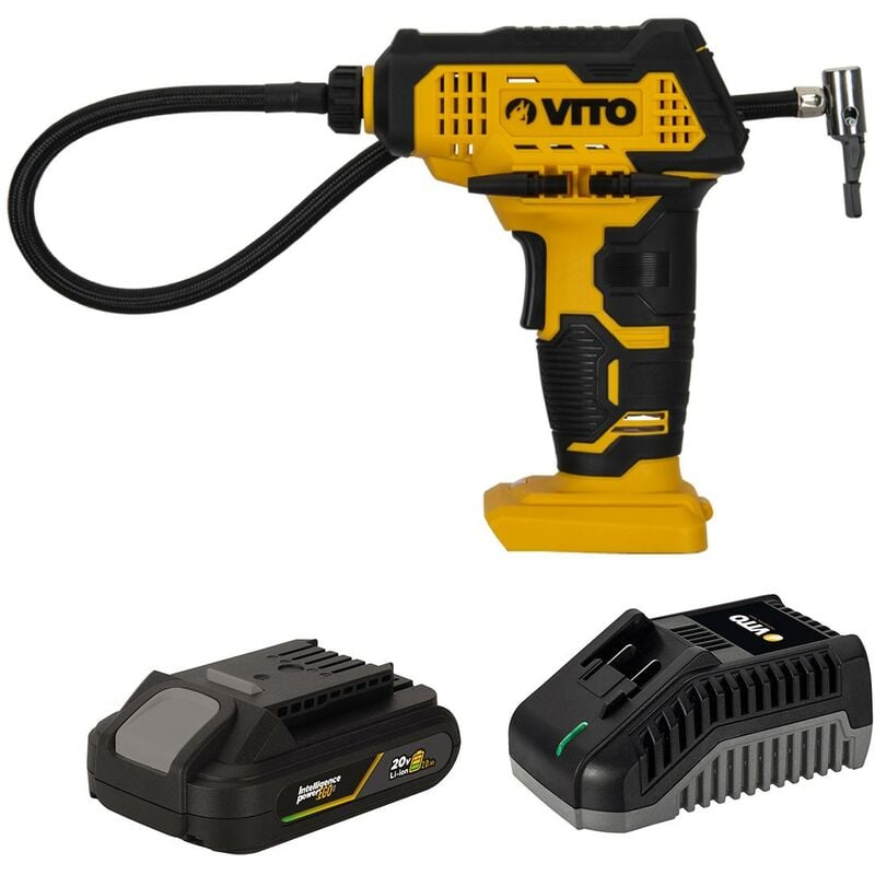 Mini Compresseur sans fil 7 bar 20V + Batterie lithium 2Ah Chargeur + 6 Embouts de gonflage Vito