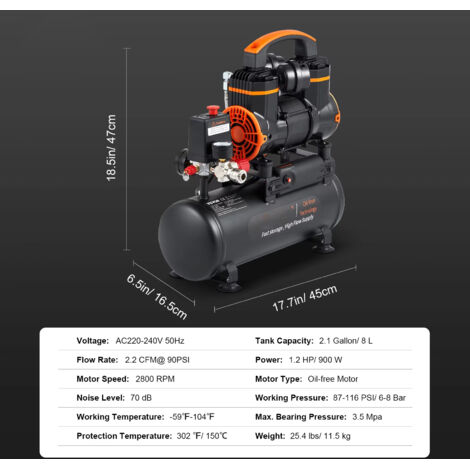 Compresseur silencieux 900 W – Réservoir 8 L – Sans huile – Gonflage réparation – Pour auto et loisirs