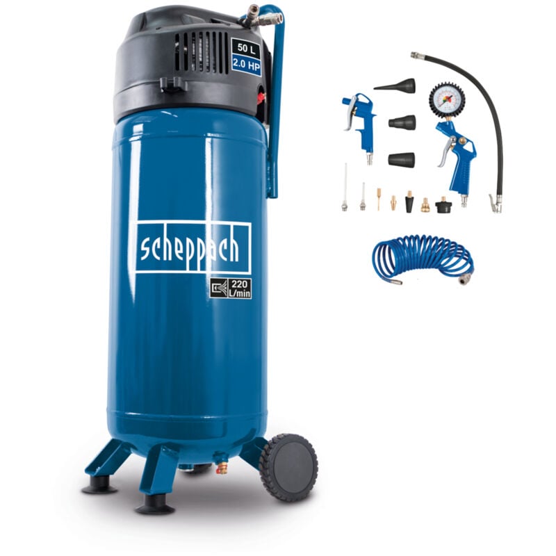 Compresseur vertical portatif HC51V – Moteur puissant 1500 w – Sans huile – Cuve de 50 l – 10 bar – Puissance d'aspiration 220 L/min – 13 accessoires