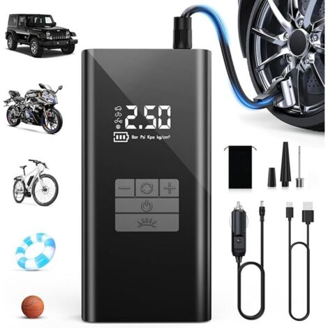 Compressore d'aria portatile 45 l/min con batteria da 6000 mAh - Gonfiatore rapido per pneumatici auto, supporto per power bank, luce LED - 4 modalità - Ideale per auto, biciclette, motociclette, pall