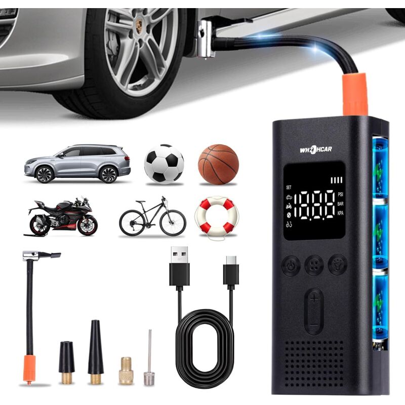 Image of Compressore d'aria portatile 6000mAh Gonfiatore per pneumatici per auto senza fili 150PSI Mini pompa con luce LED Display digitale e porta USB C