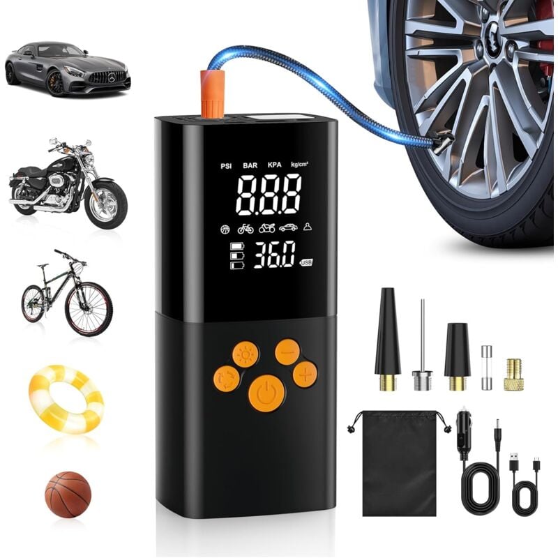 Image of Compressore d'aria portatile, gonfiatore per pneumatici per auto senza fili da 10000 mAh, compressore portatile per auto da 150 PSI con display LCD