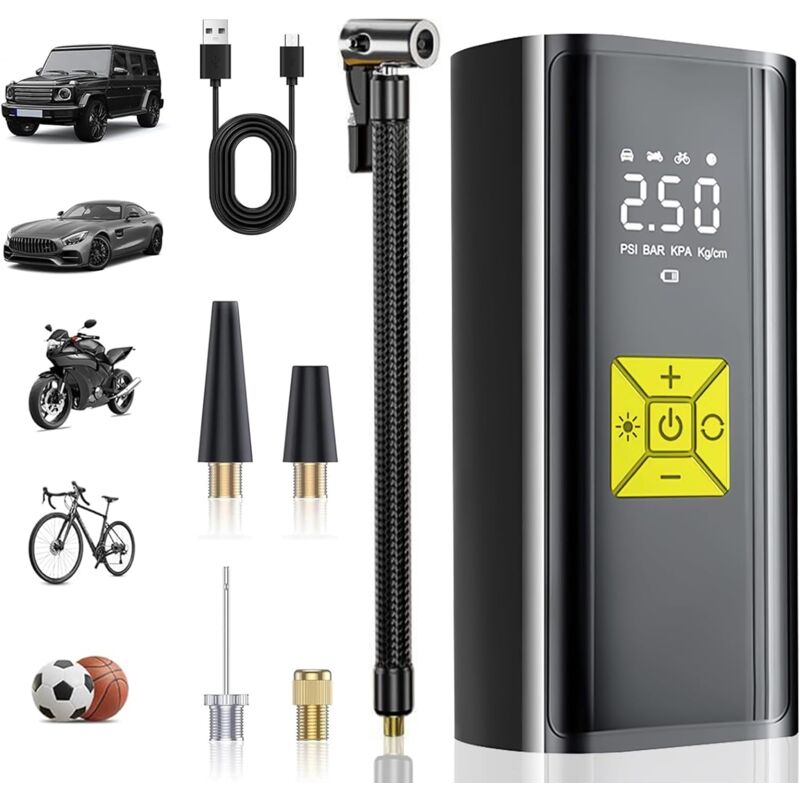 Image of Compressore d'aria portatile, mini compressore d'aria portatile 4000mAh, pompa da 150 PSI per bicicletta con display digitale e luci a LED, per auto