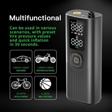 Compressore d'aria portatile per pneumatici di auto, biciclette, moto e palloni pompa elettrica da 150 PSI con manometro gonfiatore per pneumatici facile e intelligente con schermo LCD e ricarica USB.
