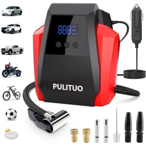 Compressore d'aria portatile PULITUO - Accessori per auto: pompa per gonfiaggio pneumatici auto 12V DC con manometro digitale, luce LED di emergenza per auto, bici, palla, motore