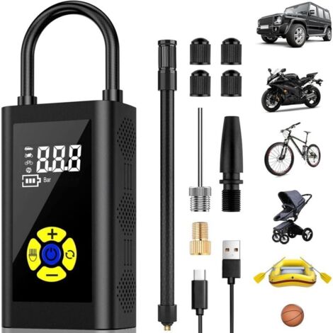 Compressore d'aria portatile, versione Gonfleur Pneus Voiture Pompe a Velo Mini Compresseur de Voiture display LCD numerico, 150PSI, Type-C Charge 2000mAh con lampada LED--
