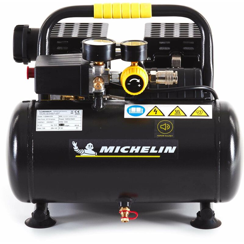 Image of Michelin - Compressore d'aria silenzioso portatile MX6/1 - Serbatoio da 6 litri - Senza olio - Motore da 1 hp - Pressione massima 8 bar - Portata