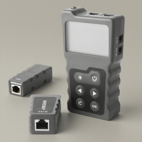Comprobador de cables de red PoE multifuncional con pantalla LCD y comprobador de voltaje y corriente PoE integrado.