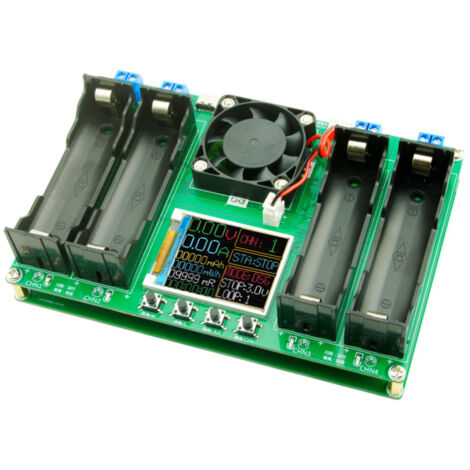 Comprobador de capacidad de batería con pantalla digital, resistencia interna, módulo de detección de potencia para baterías de litio 18650 e interfaz USB-C dual.