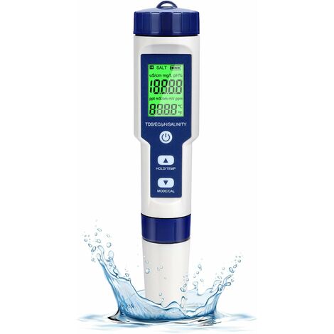 Comprobador de PH electrónico, probador de agua de piscina 5 en 1 con retroiluminación, PH/TDS/EC/salinidad/temperatura con ATC, medidor de PH de alta precisión con resolución 0,01, para agua potable,