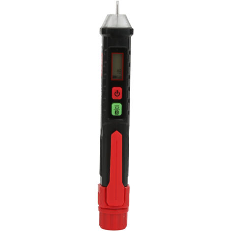Comprobador de voltaje digital con sensor inductivo, pantalla LCD y función de linterna.