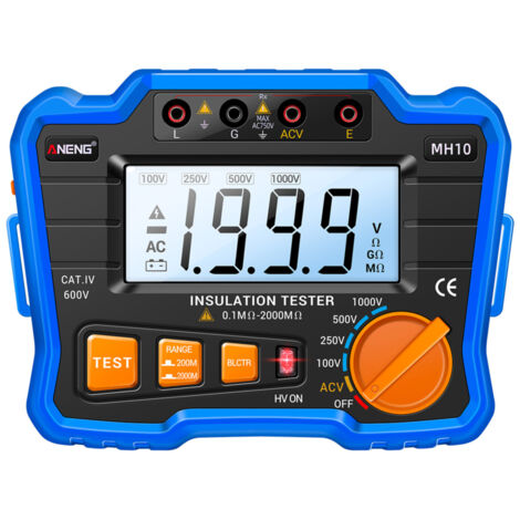 Comprobador digital de resistencia de aislamiento ANENG MH10, de 0,1 MΩ a 2000 MΩ, megóhmetro con pantalla LCD retroiluminada, voltaje de salida de 100/250/500/1000 V, resistencia de aislamiento de CA