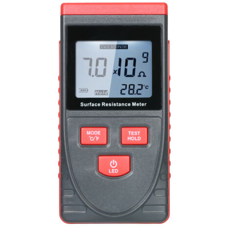 Comprobador portátil de resistencia de aislamiento antiestático con pantalla LCD, medición de temperatura y función de retención de datos.
