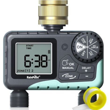 Compteur d'arrosage 2 Sorties avec Articulation pivotante en Laiton - Retard de Pluie/arrosage Manuel/Automatique - Minuterie de Robinet programmable pour Le Jardin