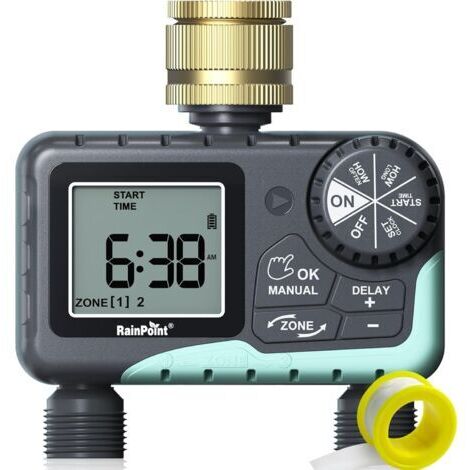 Compteur d'arrosage 2 Sorties avec Articulation pivotante en Laiton - Retard de Pluie/arrosage Manuel/Automatique - Minuterie de Robinet programmable pour Le Jardin