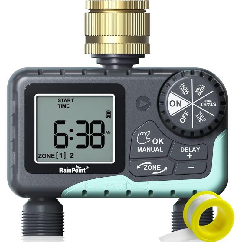 Compteur d'arrosage 2 Sorties avec Articulation pivotante en Laiton - Retard de Pluie/arrosage Manuel/Automatique - Minuterie de Robinet programmable