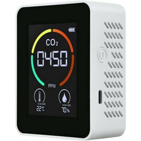 Compteur de CO2 avec rétroéclairage LCD Capteurs TVOC Détecteur de concentration de CO2 de dioxyde de carbone intérieur Testeur d'analyseur de qualité de l'air intelligent  (Blanc)