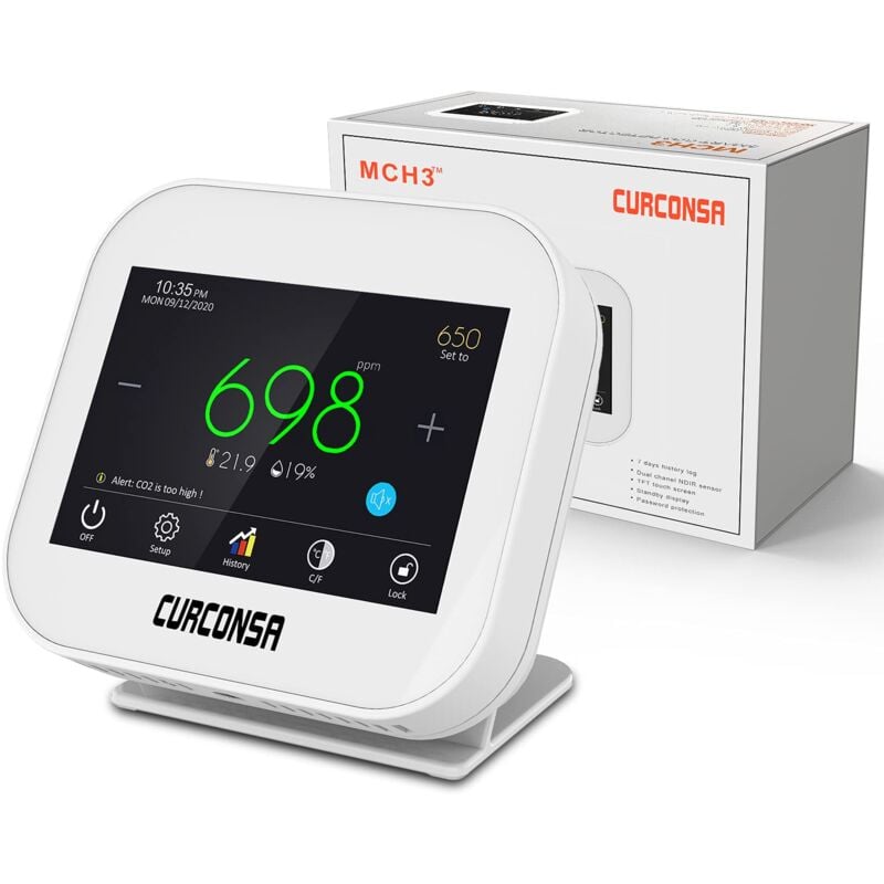 Curconsa - Compteur de CO2 Détecteur de CO2 avec Température Ambiante, Humidité et Horloge, Capteur NDIR-CO2 à Deux avec écran Tactile Couleur tft