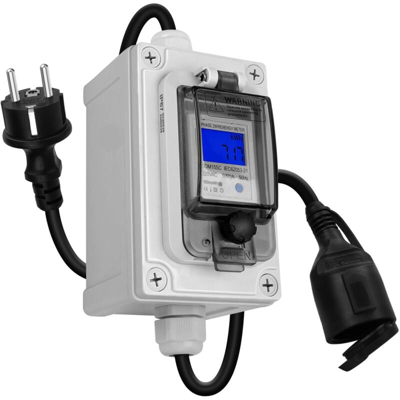 Compteur de courant numérique mobile 60 a 230 v, compteur électrique étanche IP67 kilowatts avec prise cee Schuko universelle, fonction mémoire de