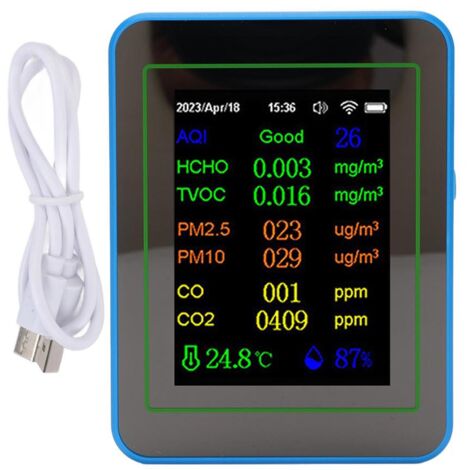 Compteur de qualité de l'air 12 en 1, WiFi, CO2 TVOC HCHO, détection intelligente de la température et de l'humidité en intérieur, alimenté par batterie, avec affichage de l'heure, blanc + bleu